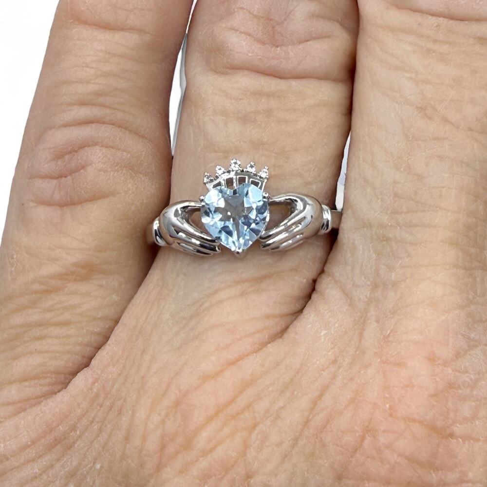 Blue Topaz Diamond Claddagh Ring 925 Sterling Silver Size 7 Love Loyalty Crown